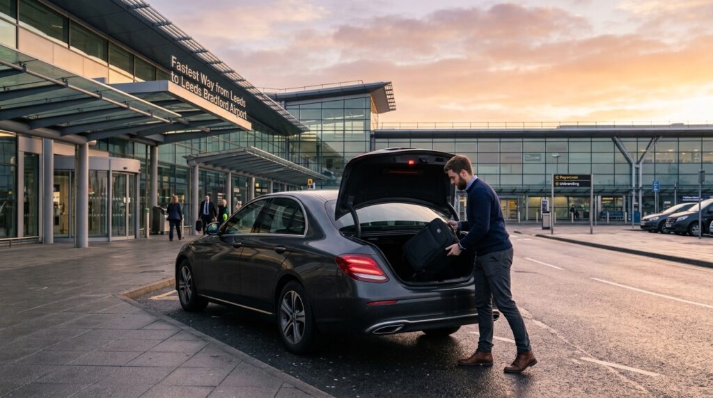 Airport transfer car and traveller with luggage — the fastest way from Leeds to Leeds Bradford Airport
